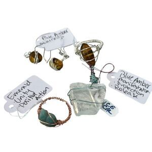 Handmade Copper Silver Tone Wire Wrapped Amber SZ 9 Ring Earrings Ice Pendant